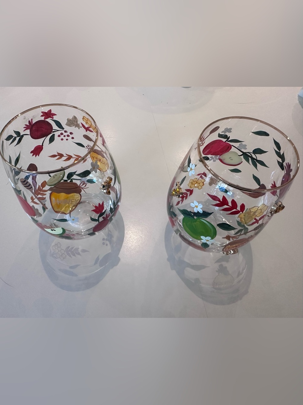 Hand-Painted Floral Fruit Glassware — Colorful Accent Pair
